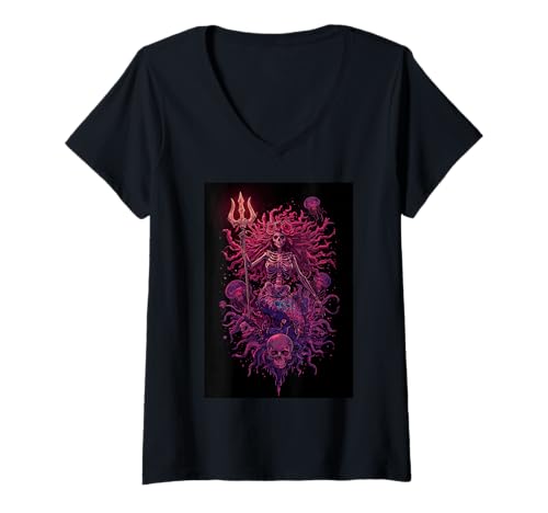 Damen Skelett Meerjungfrau Dreizack Schädel Dark Fantasy Ocean Tiefen T-Shirt mit V-Ausschnitt Damen Skelett Meerjungfrau Dreizack Schädel Dark Fantasy Ocean Tiefen T-Shirt mit V-Ausschnitt von Undead Sea Queen Mythical Creature Horror Macabre
