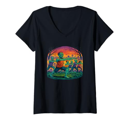 Damen Zombie Yoga Workout Undead Fitness Sonnenuntergang Friedhof T-Shirt mit V-Ausschnitt Damen Zombie Yoga Workout Undead Fitness Sonnenuntergang Friedhof T-Shirt mit V-Ausschnitt von Undead Wellness Co