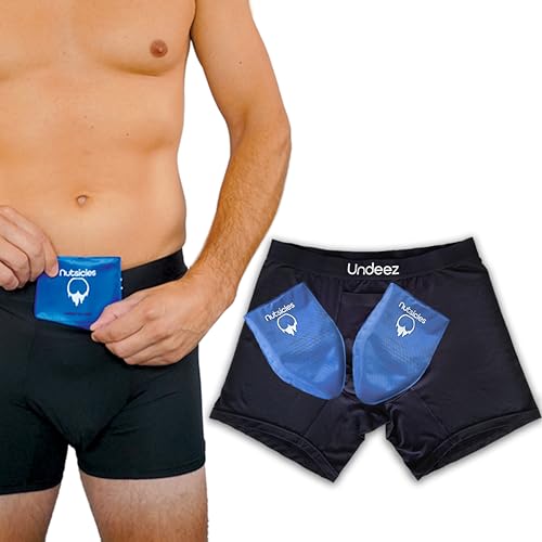 Undeez Vasektomie-Unterwäsche – kommt mit 2 individuell angepassten Kühlakkus und eng anliegenden Boxershorts zur Unterstützung der Hoden und Schmerzlinderung, Schwarz, Large von Undeez