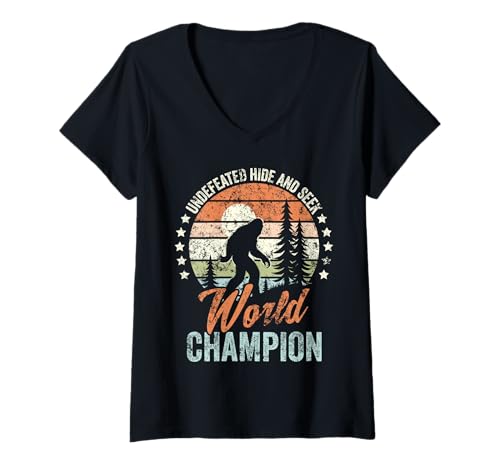 Damen Bigfoot Hide and Seek Weltmeister im Retro-Bigfoot im Vintage-Look T-Shirt mit V-Ausschnitt von Undefeated Hide And Seek Champion retro