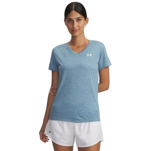 Under Armour Damen Tech Twist Kurzarm V-Ausschnitt, (453) BLUE CALM/WHITE, Groß von Under Armour