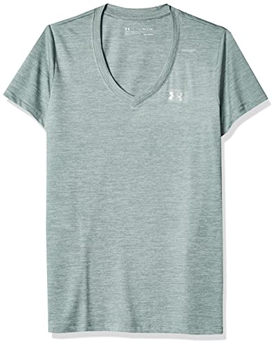 Under Armour Damen Tech V-Ausschnitt, kurzärmelig T-Shirt, (781) Opal Grün/Weiß/Metallic Silber, Small von Under Armour