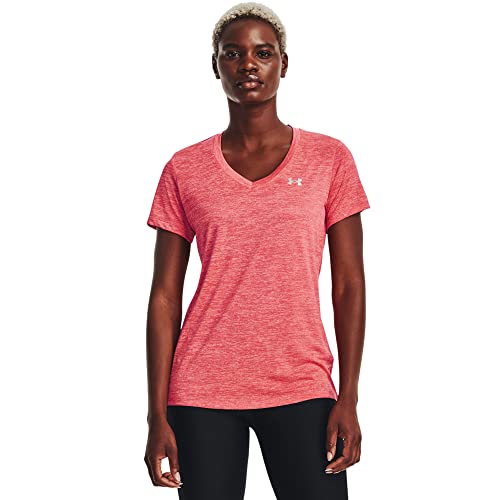 Under Armour Damen Tech-T-Shirt mit V-Ausschnitt, kurzärmelig Hemd, (849) Calypso/Blitz Red/Metallic Silver, Klein von Under Armour