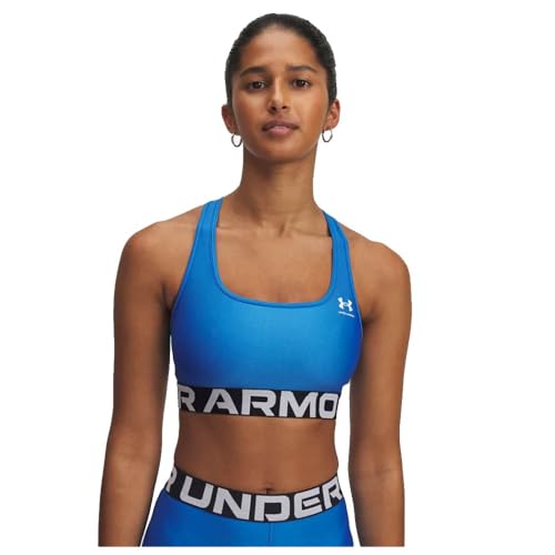 Under Armour HeatGear Mid-Impact Damen Sport-BH, Blau Atlantis/Weiß, X-Large von Under Armour