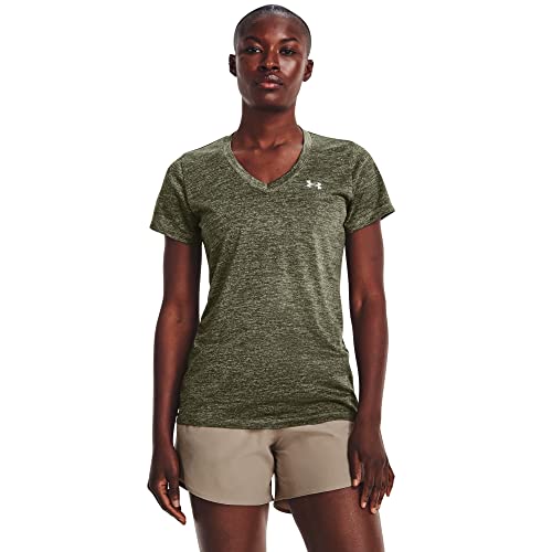 Under Armour Women's Standard Tech V-Neck Twist Short-Sleeve T-Shirt, (504) Grove Green/Marine OD Green/Metallic Silver, Small von Under Armour