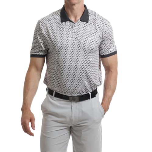Under Par Herren Feuchtigkeitsableitendes, schnell trocknendes, dehnbares, kurzärmliges Golf-Poloshirt mit geometrischem Print, Grau, L von Under Par
