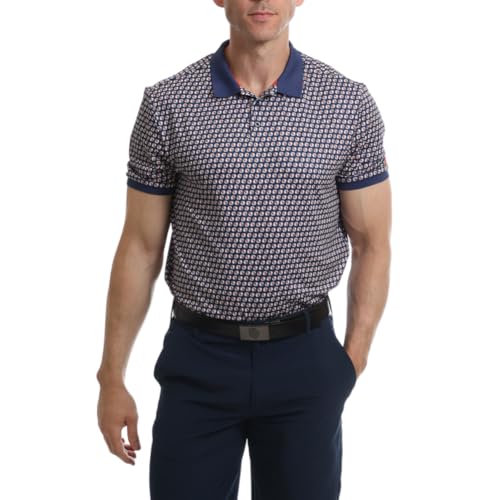 Under Par Herren Feuchtigkeitsableitendes, schnell trocknendes, dehnbares, kurzärmliges Golf-Poloshirt mit geometrischem Print, Marine, L von Under Par