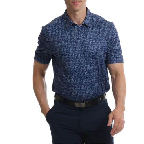 Under Par Herren Feuchtigkeitsableitendes, schnell trocknendes, elastisches, kurzärmliges Golf-Poloshirt mit Allover-Print, Marine, L von Under Par