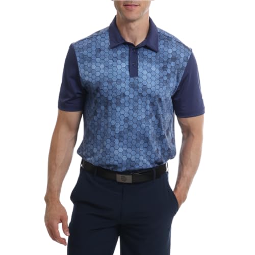 Under Par Herren Feuchtigkeitsableitendes, schnell trocknendes, elastisches Golf-Poloshirt mit kurzen Ärmeln und durchgehendem Hexagon-Print, Marine, L von Under Par