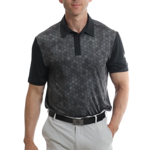 Under Par Herren Feuchtigkeitsableitendes, schnell trocknendes, elastisches Golf-Poloshirt mit kurzen Ärmeln und durchgehendem Hexagon-Print, Schwarz, L von Under Par