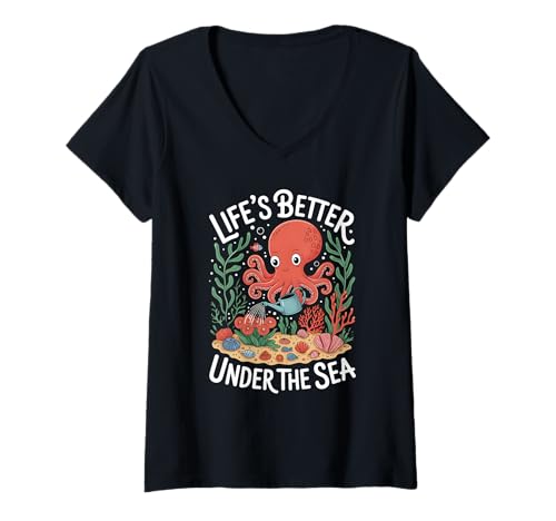 Damen Niedlicher Oktopus-Gartenliebhaber Kraken Sea Gardening Art T-Shirt mit V-Ausschnitt von Under The Sea Flowers Plants Ocean Squid