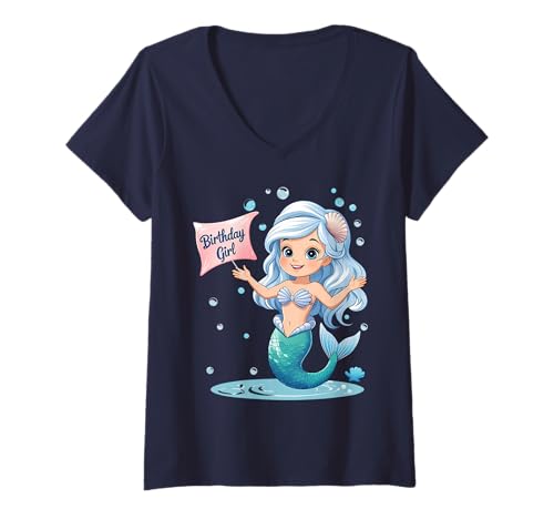 Damen Niedliche Cartoon-Meerjungfrau für Kleinkinder Kinder Jugend Mädchen Geburtstag T-Shirt mit V-Ausschnitt von Under the Sea Birthday Party Ideas Granddaughter
