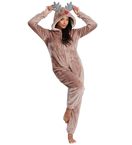 CT Womens Soft Coral Fleece Novelty All in One Onesies Brown Reindeer Medium von Undercover Lingerie Ltd