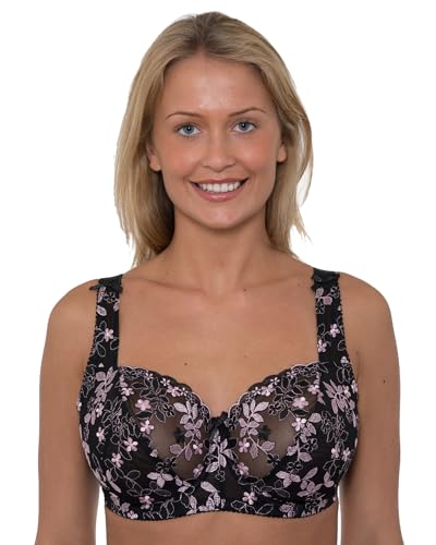 Damen-BH mit Blumenstickerei, Spitze, Bügel, nicht gepolstert, D-J Körbchen, schwarz / pink, 100G von Undercover