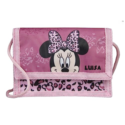 Geldbeutel Disney Minnie Mouse mit Name | Geldbörse zum Umhängen Mädchen | personalisierbares Portemonnaie Brustbeutel Kinder in rosa in Leo Optik mit Sichtfenster für Busausweis von Undercover