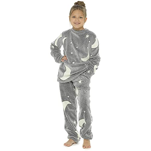Kinder Mädchen Jungen Schlafanzug-Set, leuchtet im Dunkeln, weiches Korallen-Fleece, lang, PJs Nachtwäsche, Stars & Moons, 7-8 Jahre von Undercover