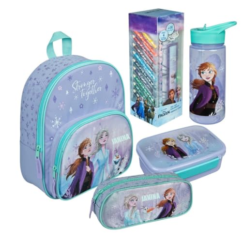 Kindergartenrucksack Disney Frozen Mädchen Set - Personalisiert mit Name - Set Kinderrucksack mit Brotdose Trinkbecher Malturm Schlampermäppchen von Undercover