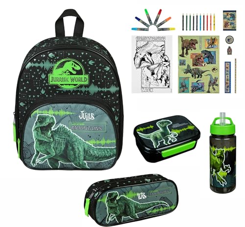Kindergartenrucksack Set Dinosaurier T-Rex Jungen - Personalisiert mit Name - Inkl. Kinderrucksack Brotdose Trinkflasche Federmappe Malturm Sticker von Undercover
