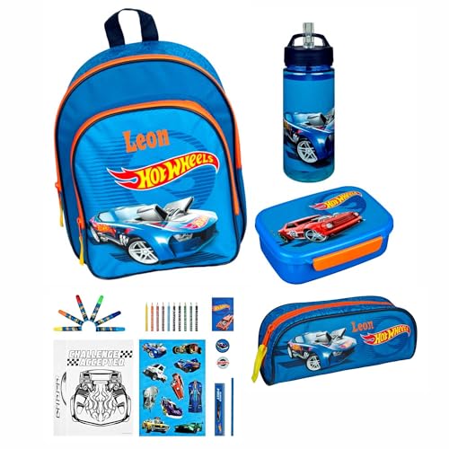 Kindergartenrucksack Set Hot Wheels Jungen - Personalisiert mit Name - Inkl. Kinderrucksack Brotdose Trinkbecher Federmappe Malturm Sticker von Undercover