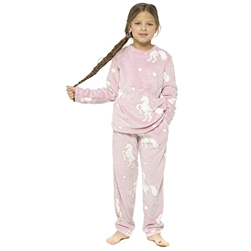 Kinder Mädchen Jungen Schlafanzug-Set, leuchtet im Dunkeln, weiches Korallen-Fleece, lang, PJs Nachtwäsche, Einhorn, 9 - 10 Jahre von Undercover