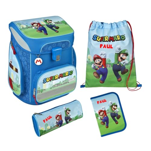Schulranzen Set 5-TLG Super Mario und Luigi Jungen 1. Klasse - Mit personalisiertem Inhalt - Schultasche mit Turnbeutel Federmappe für Grundschule von Undercover