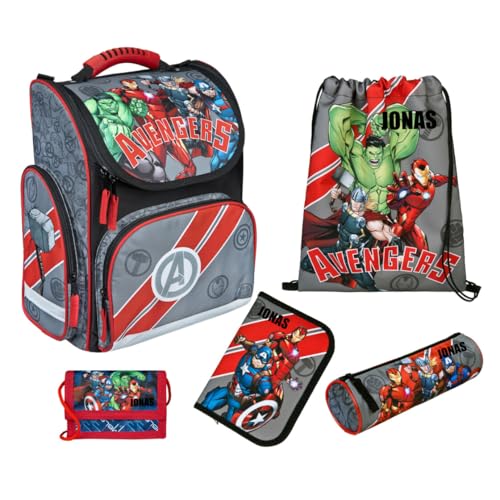 Schultasche Marvel Avengers Set 5-tlg., Personalisierter Inhalt Turnbeutel Geldbeutel Federmappe mit Name, Schulranzen 1. Klasse Grundschule von Undercover