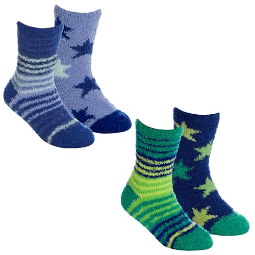 Undercover 4 Paar Baby & Kinder Kuschelig Weiche Flauschige Lounge Hausschuhe Socken mit Gummigriffe, Kinder Blau Grün Sterne Streifen, 6-8.5 von Undercover