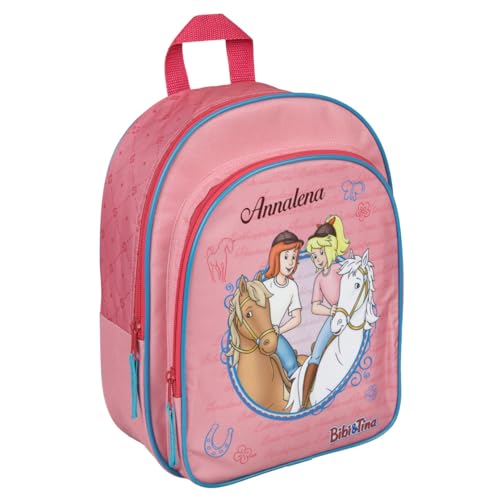 Undercover Kindergartenrucksack Bibi & Tina Mädchen - Personalisiert mit Name - Mädchenrucksack mit Vortasche Pferde rosa - 2 Fächer 25x31x10 cm von Undercover