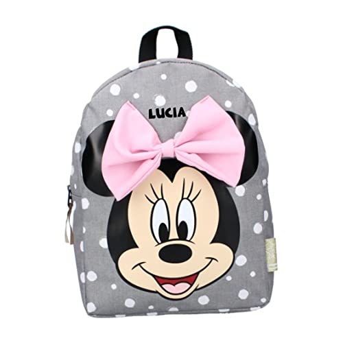 Undercover Personalisierter Kindergarten-Rucksack Minnie Mouse mit Name Mädchen | Kleiner Rucksack Kinder Grau gepunktet mit großer Schleife von Undercover