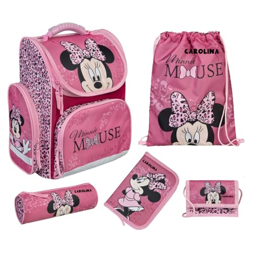 Undercover Schultasche Disney Minnie Mouse Set 5-TLG., Personalisierter Inhalt Turnbeutel Geldbeutel Federmappe mit Name, Schulranzen 1. Klasse Grundschule Mädchen von Undercover