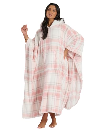 Undercover Übergroße, tragbare Kapuzendecke, extra lang, ultraweicher Fleece-Poncho-Kapuzenpullover, pink kariert, One size von Undercover