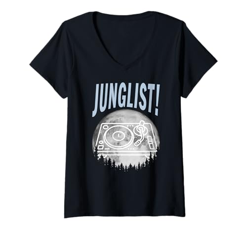 Damen Plattenspieler Moon Drum und Bass DJ Dschungel Musik EDM Junglist T-Shirt mit V-Ausschnitt von Underground Junglist Streetwear
