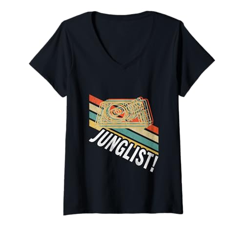 Damen Vintage Drum und Bass Party 80er Jahre DJ Rave Plattenspieler Junglist T-Shirt mit V-Ausschnitt von Underground Junglist Streetwear