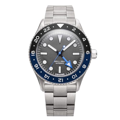 Undone Basecamp Collector GMT Automatik Titan Schwarz Blau Saphir Grau Herrenuhr, grau, Armband von Undone