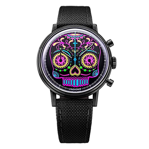 Undone Calavera Chronograph Hybrid Quarz Mechanisch Stahl Schwarz Fluoreszierend Cordura Uhr Unisex, Armband von Undone