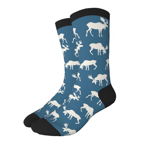 Unedskck Modische Freizeitsocken, originelle Crew-Socken, lustige verrückte Kleidersocken, Geschenke für Männer, Frauen und Jugendliche, Weißer Elch mit blauem Hintergrund, Einheitsgröße von Unedskck