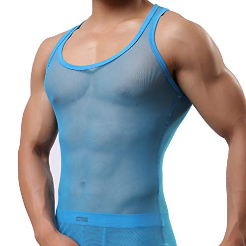Uneihoiz Herren Rundhals Mesh Weich Tank Top Männer Durchsichtig Weste Muskelshirts Unterhemd Blau L von Uneihoiz