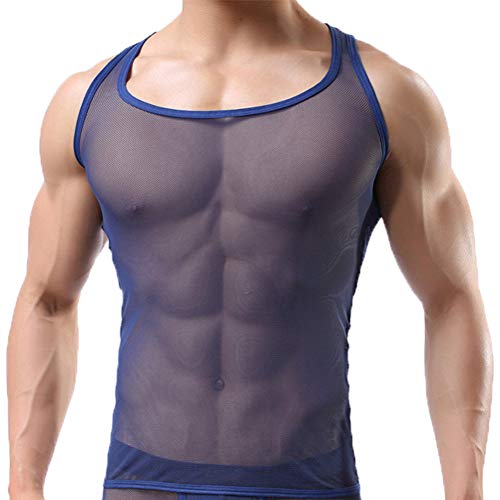Uneihoiz Herren Rundhals Mesh Weich Tank Top Männer Durchsichtig Weste Muskelshirts Unterhemd Dunkelblau L von Uneihoiz