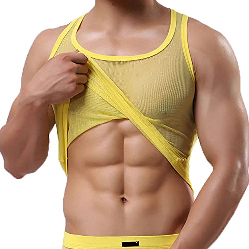 Uneihoiz Herren Rundhals Mesh Weich Tank Top Männer Durchsichtig Weste Muskelshirts Unterhemd Gelb L von Uneihoiz