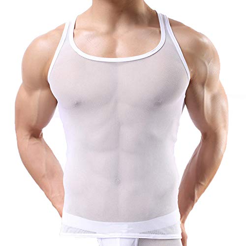 Uneihoiz Herren Rundhals Mesh Weich Tank Top Männer Durchsichtig Weste Muskelshirts Unterhemd Weiß M von Uneihoiz