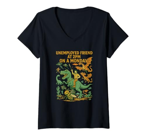 Damen Unemployed Friend at 14PM - Funny Dinosaurier UFO Chaos Design T-Shirt mit V-Ausschnitt von Unemployed Friend at 2PM - Dinosaur UFO Chaos