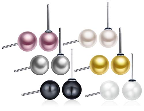 Unendlich U 12 Stk Damen Ohrstecker Set Basic 925 Sterling Silber 8-9mm Bunte Mehrfarbige Perlen Gestüt Stecker Ohrringe Ohrschmuck für Damen Mädchen, 6 Paare von Unendlich U