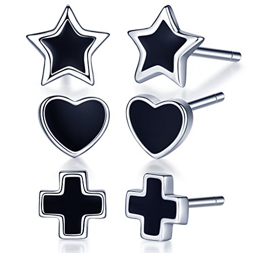 Unendlich U 6PCS 925 Sterling Silber Schwarz Epoxy Herz Stern Kreuz Ohrstecker Gestüt Stecker Ohrringe Set Ohrschmuck für Damen Mädchen, 3 Paare von Unendlich U