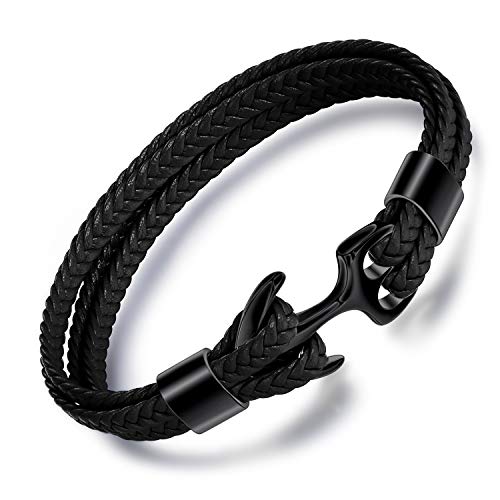 Unendlich U Anker-Armband für Herren in Schwarz 22.5cm lang aus hochwertigem Kunst-Leder mit Edelstahl Anker von Unendlich U