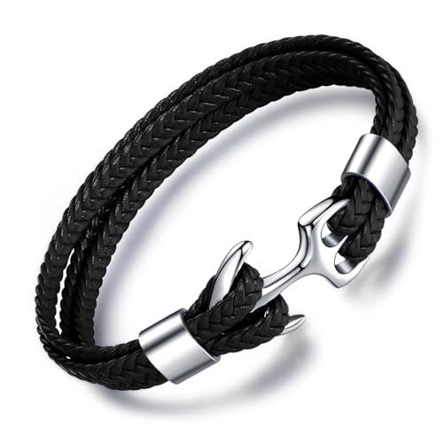 Unendlich U Anker-Armband für Herren in Schwarz 22.5cm lang aus hochwertigem Kunst-Leder mit Edelstahl Anker von Unendlich U