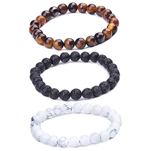 Unendlich U Cool Damen Herren Unisex Buddha Armband Armreif, 9mm Energie-Stein Kugeln Perlen Gebet Mala Stretch Energiearmband, Braun/Weiß/Schwarz(Lavastein) von Unendlich U