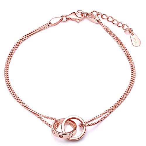 Unendlich U Damen Armband 925 Sterling Silber Zirkonia Ineinander Verschlungene Ringe Doppelringe Armkette Verstellbar Charm Armkettchen Armreif, Rosegold von Unendlich U