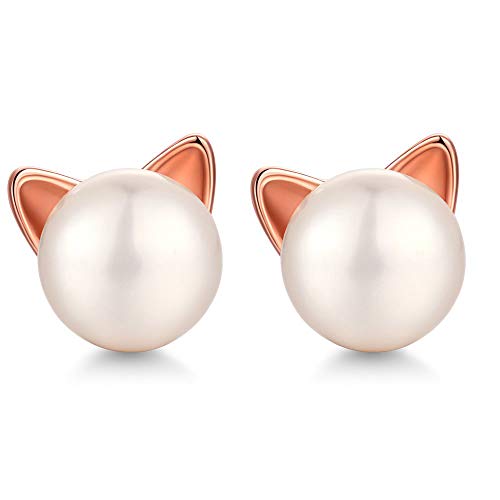 Unendlich U Damen Fashion Perle Katze Ohrringe Silber Katze Perlenohrringe-7.5mm Perlen Katze Ohrstecker Süßwasser-Zuchtperlen mit Katzenohren Geschenkidee zum Muttertag von Unendlich U