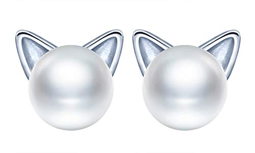 Unendlich U Damen Fashion Perle Katze Ohrringe Silber Katze Perlenohrringe-7.5mm Perlen Katze Ohrstecker Süßwasser-Zuchtperlen mit Katzenohren Geschenkidee zum Muttertag von Unendlich U