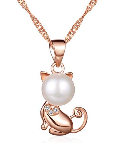 Unendlich U Klassisch Kätzchen Katze Damen Halskette 925 Sterling Silber Zirkonia 8mm Perle Anhänger Kettenhänger, Rosegold von Unendlich U